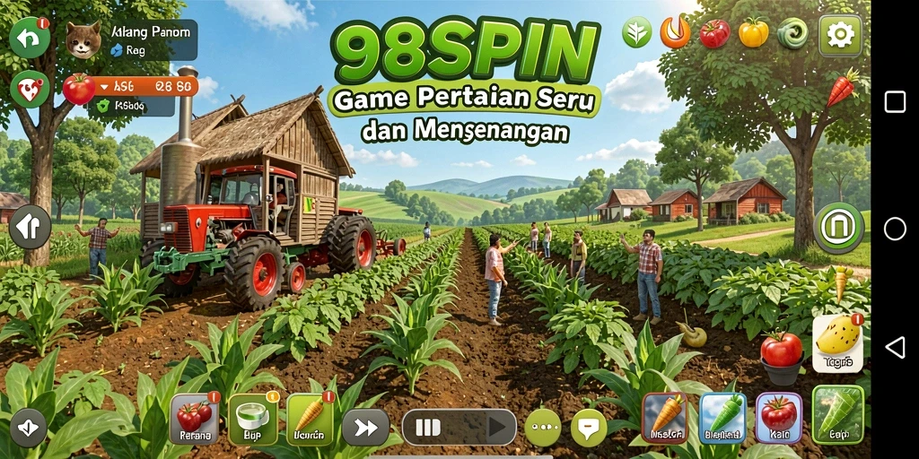 Screenshot gameplay 98SPIN menampilkan ladang hijau yang subur dan hewan peliharaan yang lucu.