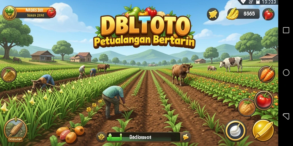 Tampilan gameplay menyenangkan dari DBLTOTO dengan pertanian yang subur dan hewan.