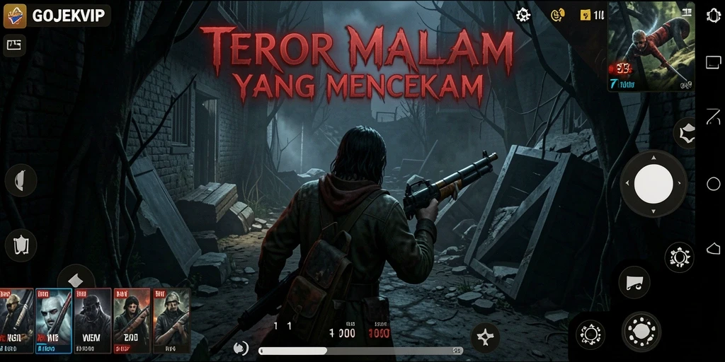 Screenshot gameplay GOJEKVIP yang menampilkan suasana horor yang mencekam.