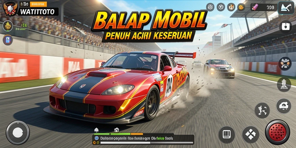 Screenshot gameplay WATITOTO menampilkan mobil balap dalam aksi di lintasan.